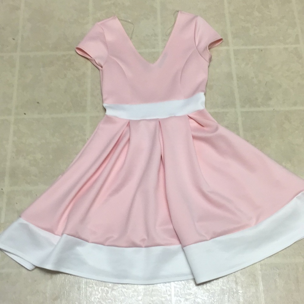 Pink and white fit and flare V-Neck Dress